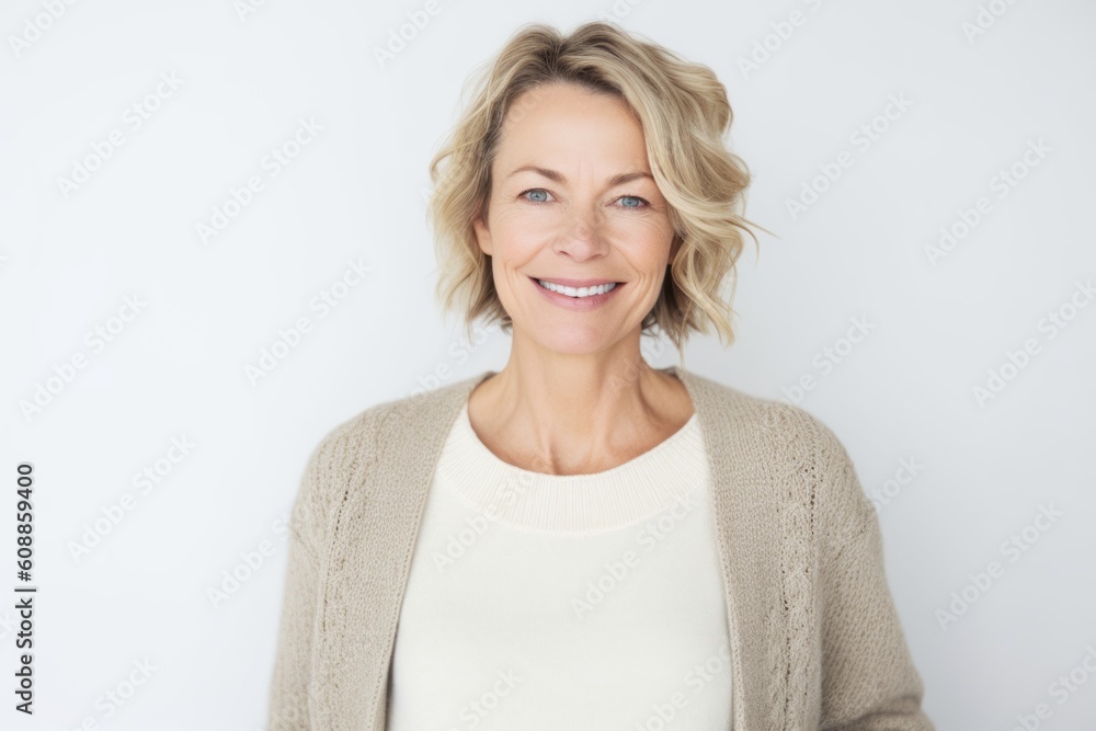 Medium shot portrait photography of a grinning woman in her 40s that is wearing a chic cardigan against a white background . Generative AI Medium shot portrait photography of a grinning woman in her 40s that is wearing a chic cardigan against a white background . Generative AI