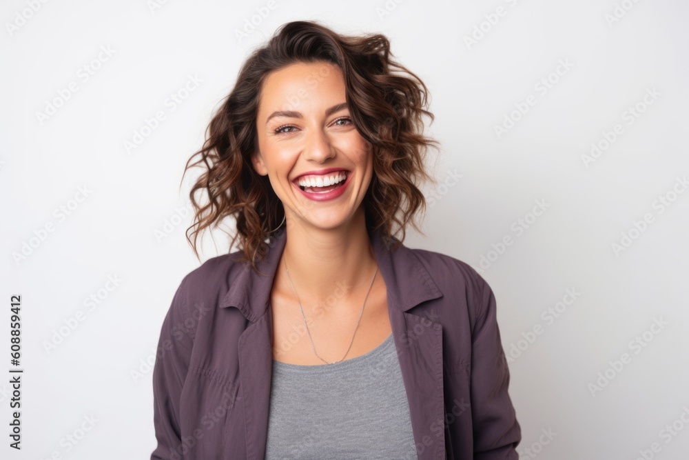 Portrait of a beautiful young woman smiling and looking at camera over white background Portrait of a beautiful young woman smiling and looking at camera over white background