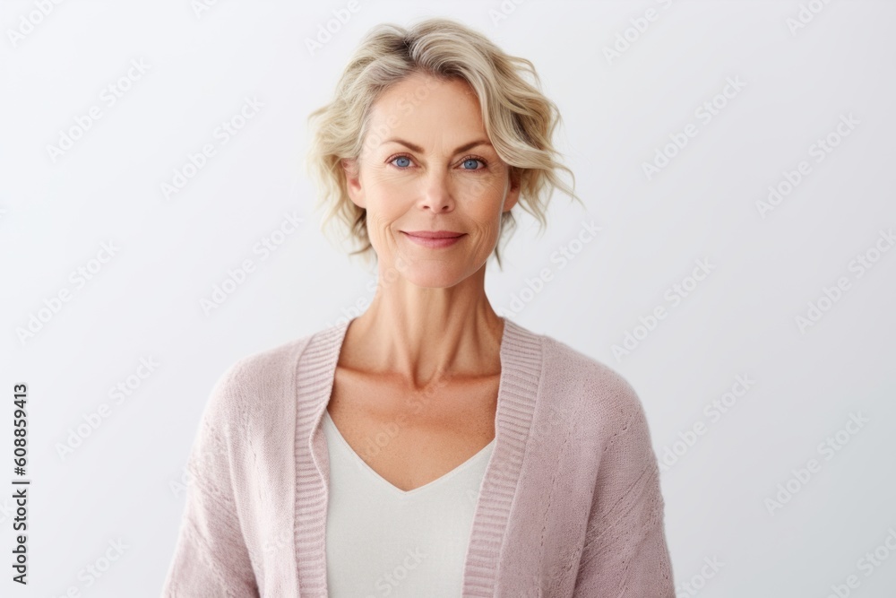 Portrait of beautiful middle-aged woman with short blond hair, looking at camera and smiling, standing over white background Portrait of beautiful middle-aged woman with short blond hair, looking at camera and smiling, standing over white background