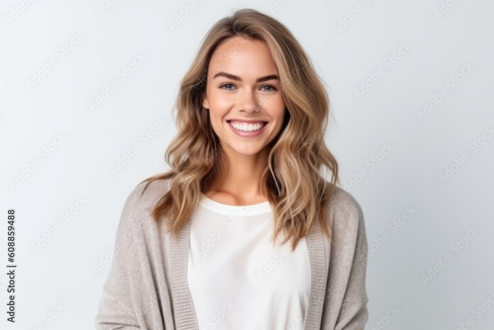 Portrait of a beautiful young woman smiling at camera isolated on a white background Portrait of a beautiful young woman smiling at camera isolated on a white background