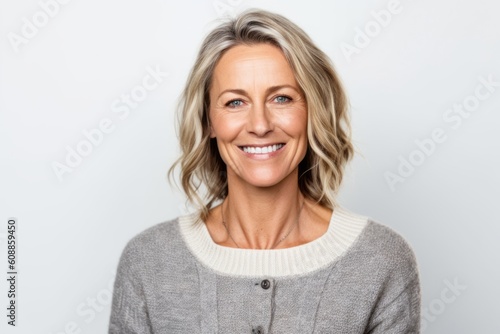 Group portrait photography of a pleased woman in her 40s that is wearing a chic cardigan against a white background . Generative AI