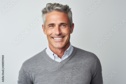 Portrait of a handsome mature man smiling at camera over grey background