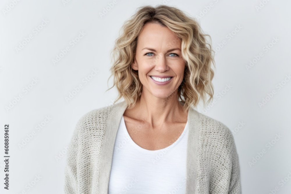 Lifestyle portrait photography of a pleased woman in her 40s that is wearing a chic cardigan against a white background . Generative AI