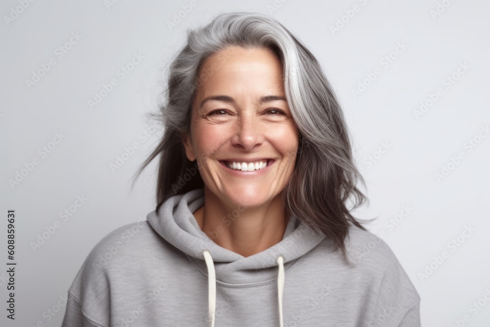 Portrait of a smiling mature woman in a gray hoodie. Portrait of a smiling mature woman in a gray hoodie.