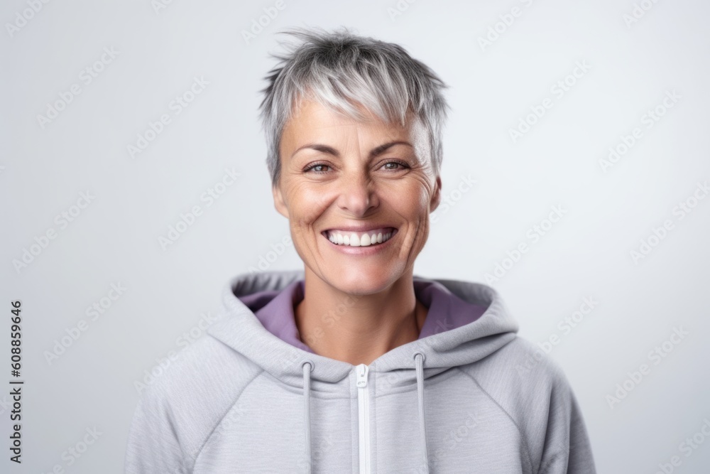 Portrait of a smiling middle-aged woman in a hoodie Portrait of a smiling middle-aged woman in a hoodie