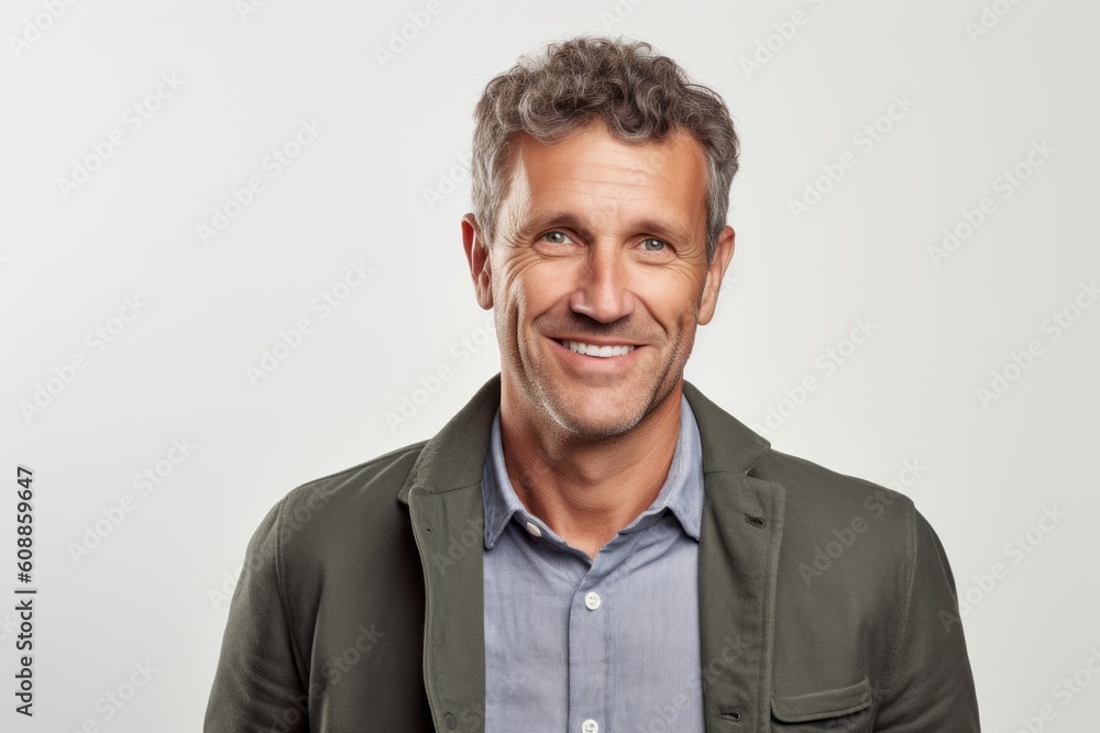Portrait of handsome middle aged man smiling at camera against white background Portrait of handsome middle aged man smiling at camera against white background
