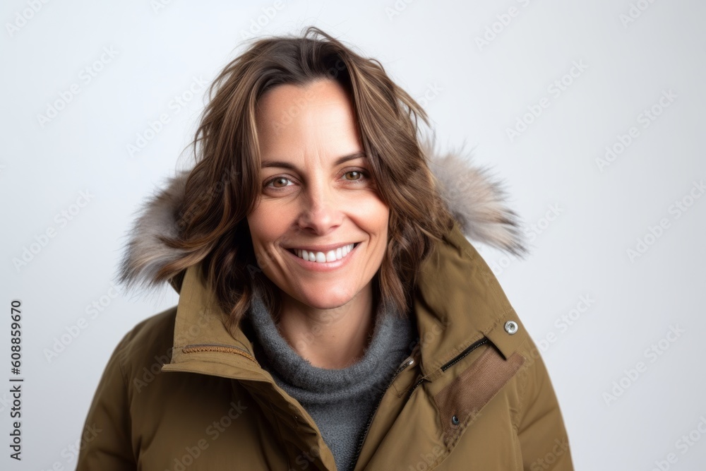 Medium shot portrait photography of a grinning woman in her 40s that is wearing a warm parka against a white background . Generative AI Medium shot portrait photography of a grinning woman in her 40s that is wearing a warm parka against a white background . Generative AI
