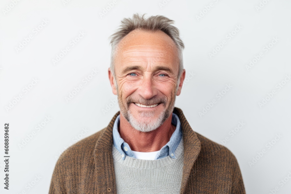 Portrait of happy senior man smiling and looking at camera against white background Portrait of happy senior man smiling and looking at camera against white background
