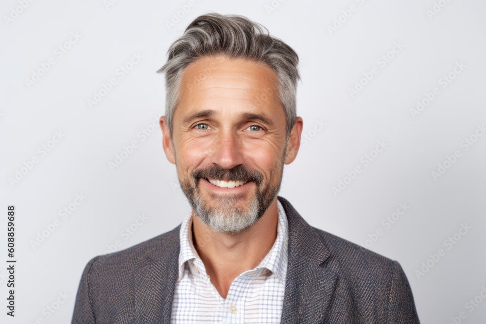 Group portrait photography of a pleased man in his 40s that is wearing a chic cardigan against a white background . Generative AI Group portrait photography of a pleased man in his 40s that is wearing a chic cardigan against a white background . Generative AI