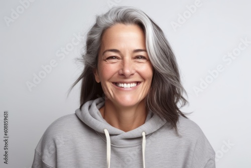 Portrait of a smiling mature woman in a gray hoodie. © Anne-Marie Albrecht