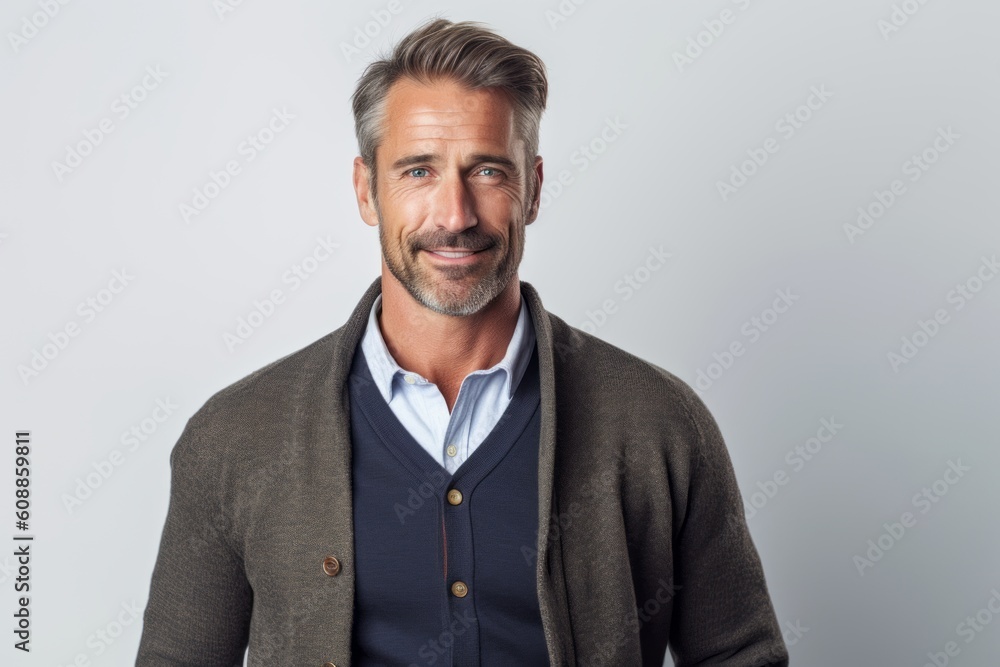 Portrait of handsome mature man in casual clothes standing against grey background Portrait of handsome mature man in casual clothes standing against grey background