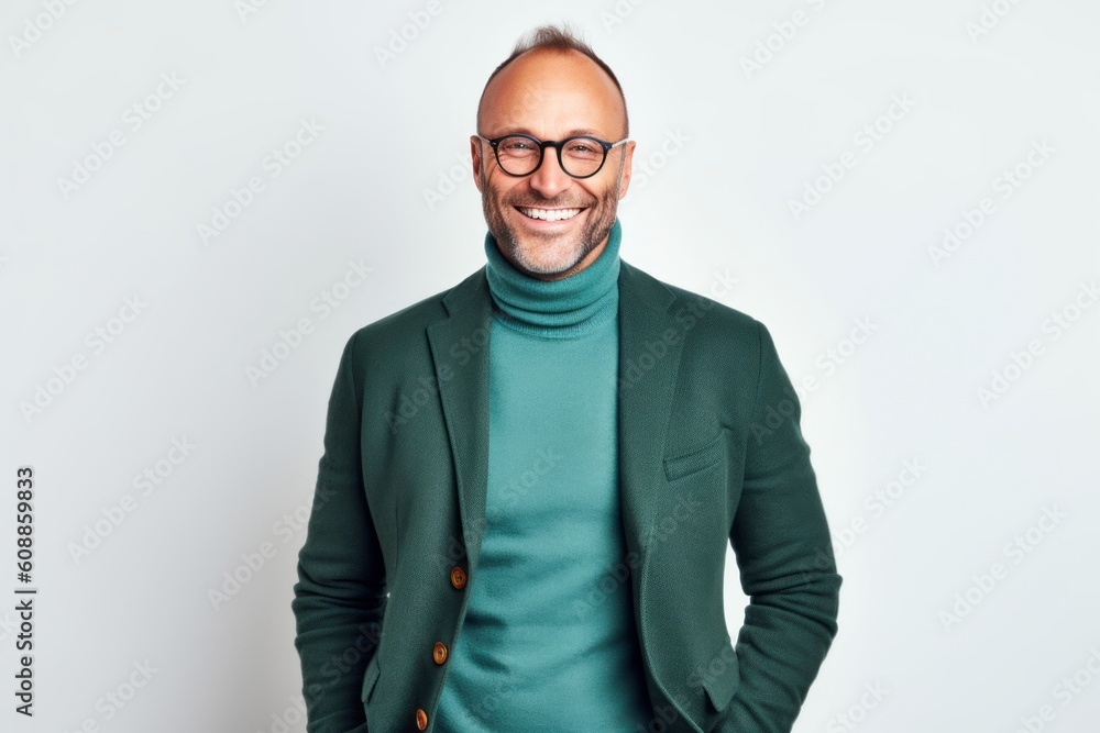 Portrait of a smiling mature man in a green jacket and glasses standing against white background Portrait of a smiling mature man in a green jacket and glasses standing against white background