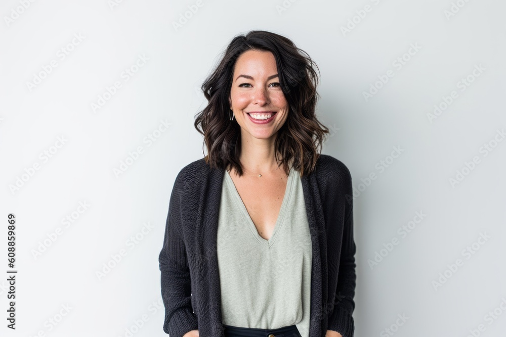 Portrait of smiling woman with hands on hip against white background. Portrait of smiling woman with hands on hip against white background.