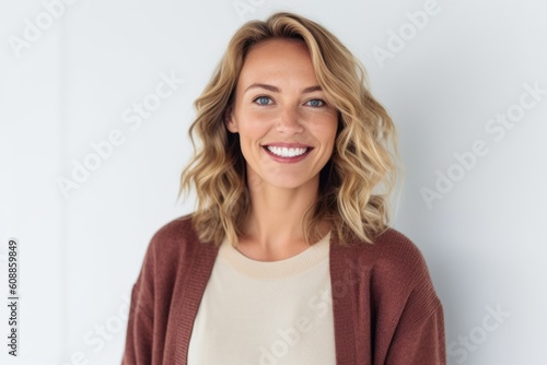 Portrait of beautiful young woman smiling at camera while standing against white background