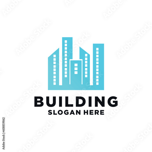 Real estate vector blue logo design for business visual identity, building, cityscape icon, house, architectural construction. geometric flat style