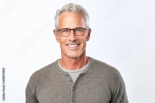 Portrait of a handsome mature man in eyeglasses smiling on white background