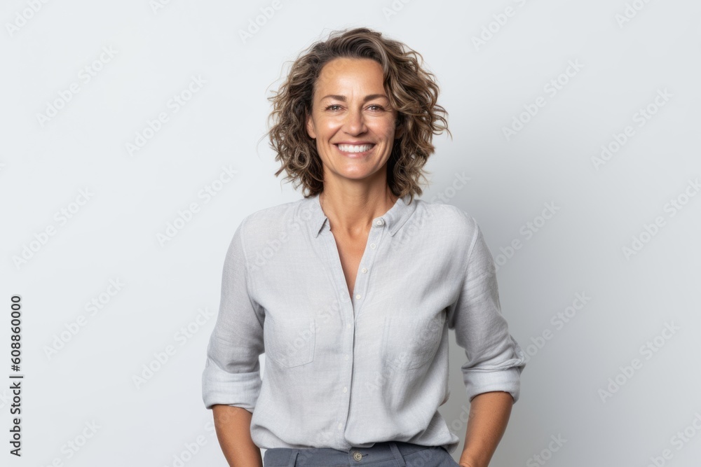 Medium shot portrait photography of a grinning woman in her 40s that is wearing a smart pair of trousers against a white background . Generative AI Medium shot portrait photography of a grinning woman in her 40s that is wearing a smart pair of trousers against a white background . Generative AI