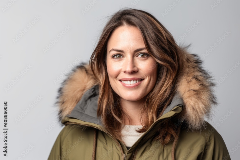 portrait of smiling woman in winter jacket, isolated on grey background portrait of smiling woman in winter jacket, isolated on grey background