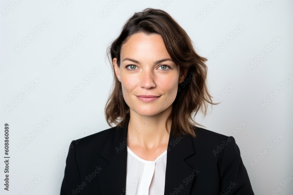 Headshot portrait photography of a satisfied woman in her 30s that is wearing a sleek suit against a white background . Generative AI Headshot portrait photography of a satisfied woman in her 30s that is wearing a sleek suit against a white background . Generative AI