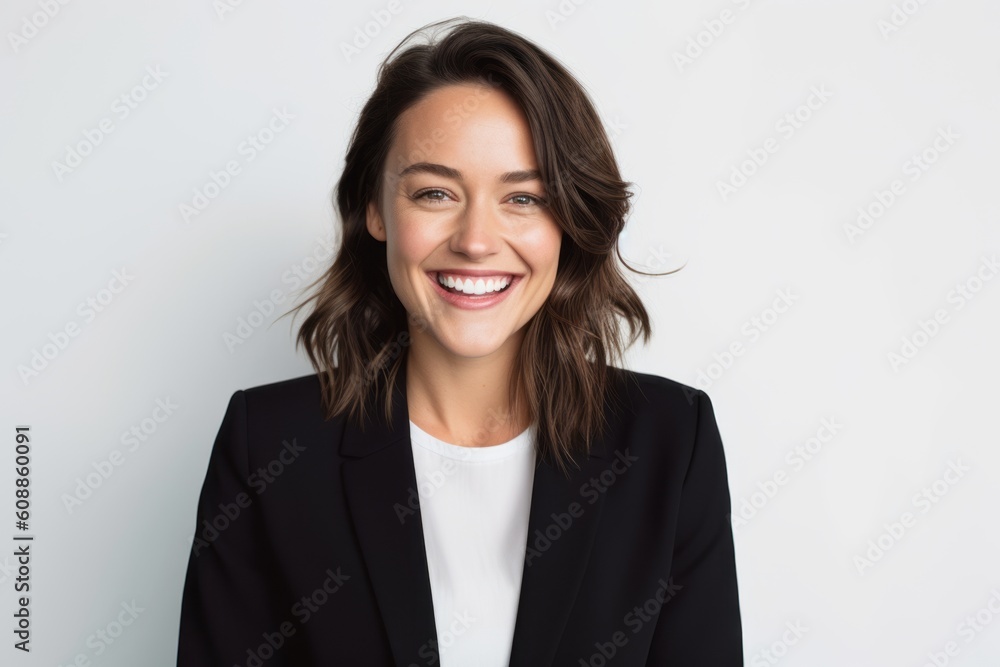 Lifestyle portrait photography of a grinning woman in her 30s that is wearing a sleek suit against a white background . Generative AI Lifestyle portrait photography of a grinning woman in her 30s that is wearing a sleek suit against a white background . Generative AI