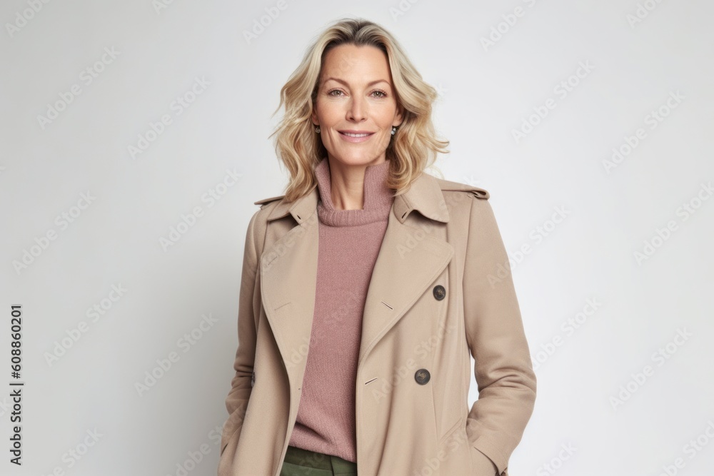 Portrait of a beautiful middle-aged woman in beige coat. Portrait of a beautiful middle-aged woman in beige coat.