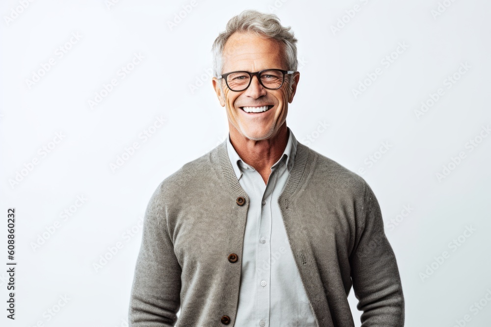 Portrait of a smiling senior man wearing eyeglasses standing against white background Portrait of a smiling senior man wearing eyeglasses standing against white background