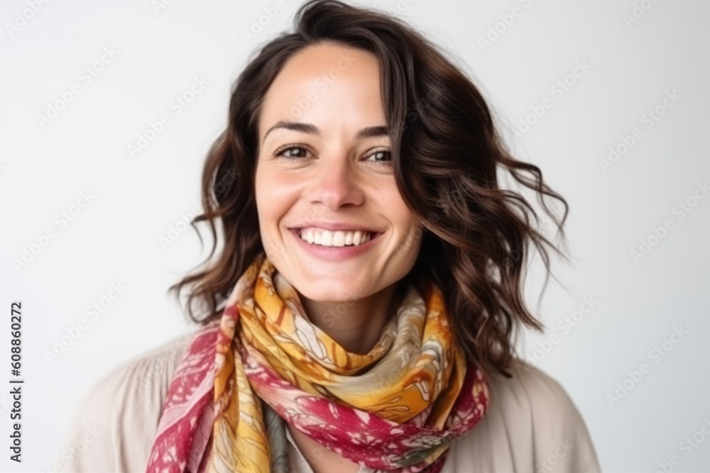 Portrait of a smiling young woman wearing scarf over white background. Portrait of a smiling young woman wearing scarf over white background.