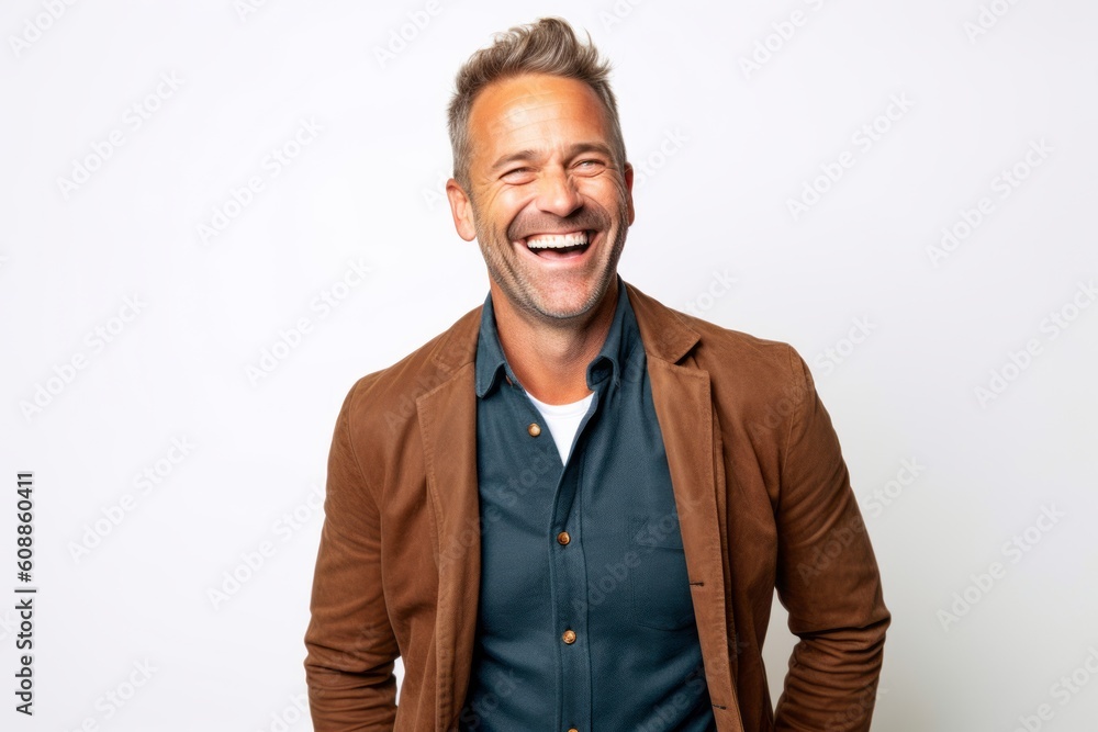 Portrait of a handsome middle-aged man laughing against white background Portrait of a handsome middle-aged man laughing against white background