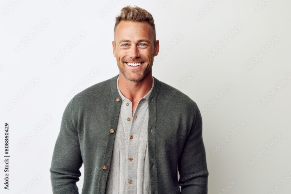 Portrait of a handsome young man smiling at the camera while standing against white background Portrait of a handsome young man smiling at the camera while standing against white background