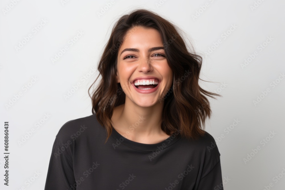 Portrait of a beautiful young woman laughing and looking at camera. Portrait of a beautiful young woman laughing and looking at camera.