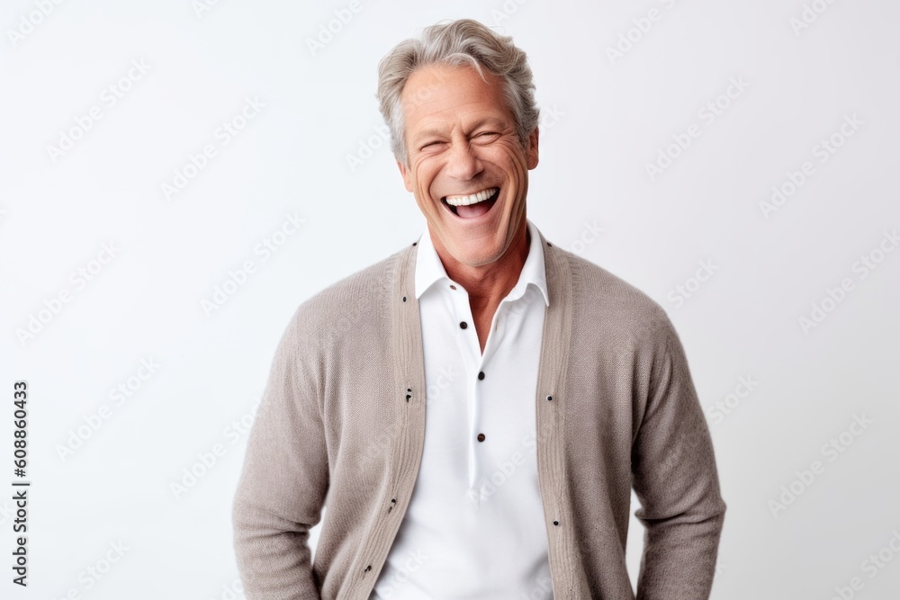 Portrait of a happy senior man laughing while standing against white background Portrait of a happy senior man laughing while standing against white background