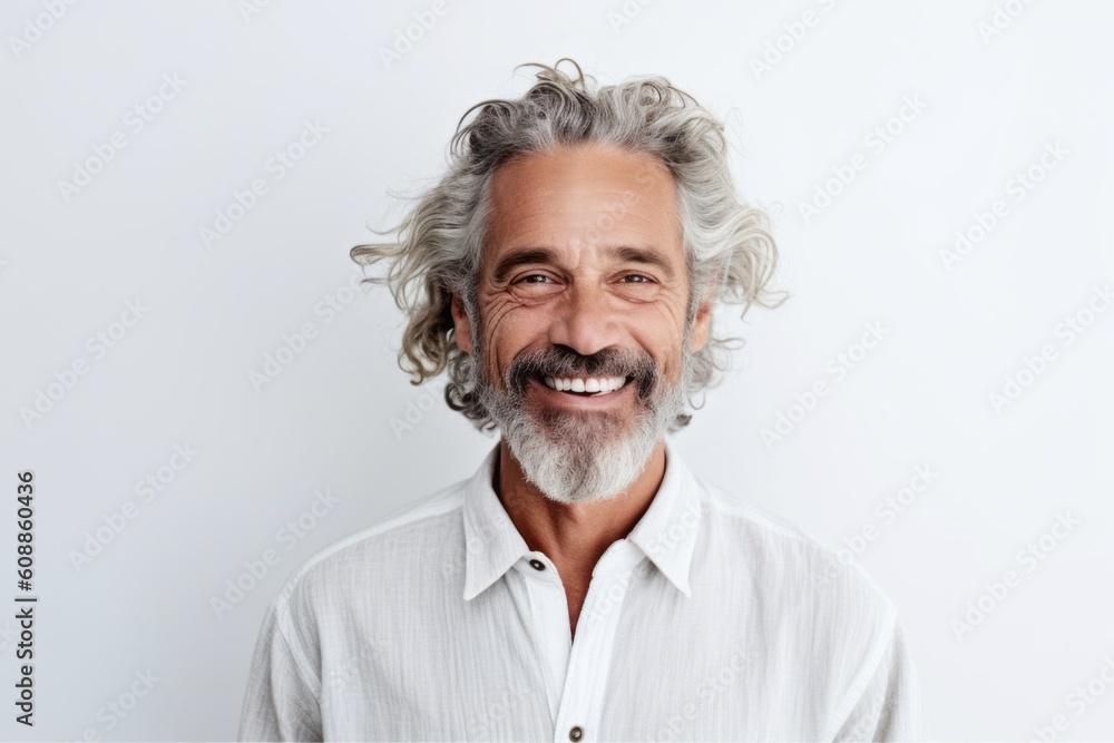 Portrait of happy mature man with grey hair looking at camera and smiling while standing against white background Portrait of happy mature man with grey hair looking at camera and smiling while standing against white background