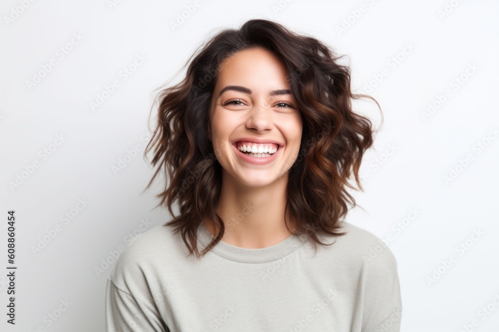 Portrait of a happy young woman laughing and looking at camera over white background Portrait of a happy young woman laughing and looking at camera over white background
