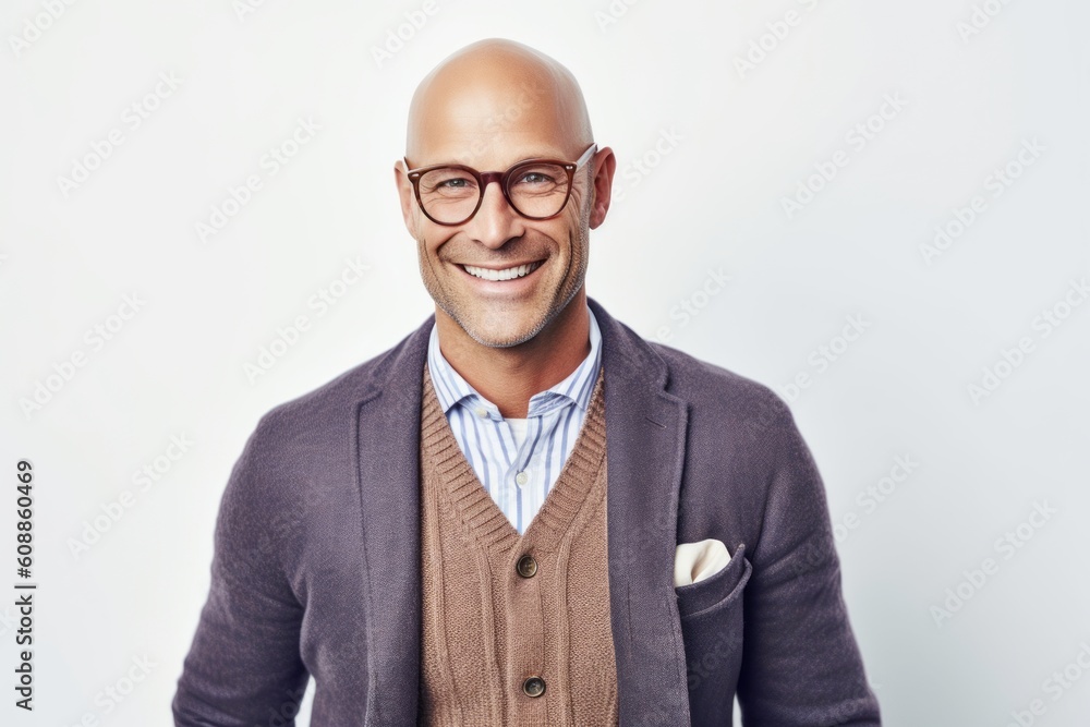 Portrait of a handsome bald man with eyeglasses smiling at the camera Portrait of a handsome bald man with eyeglasses smiling at the camera
