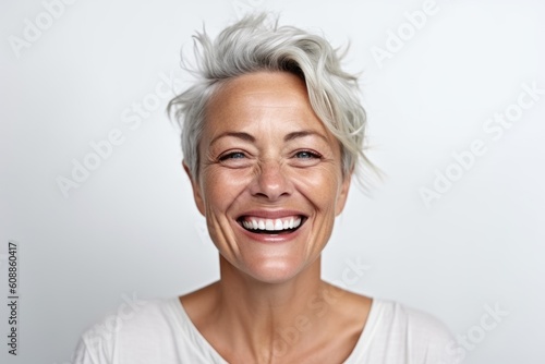 Mature woman with short grey hair smiling and looking at the camera