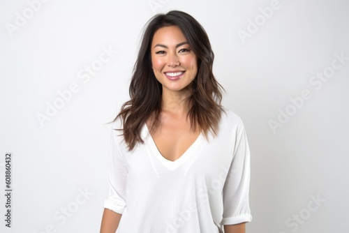 Portrait of a beautiful young woman smiling at the camera while standing against white background
