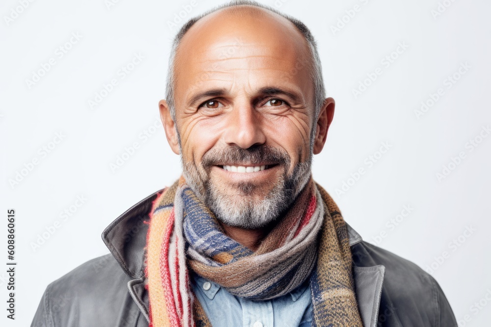 Medium shot portrait photography of a pleased man in his 40s that is wearing a charming scarf against a white background . Generative AI Medium shot portrait photography of a pleased man in his 40s that is wearing a charming scarf against a white background . Generative AI