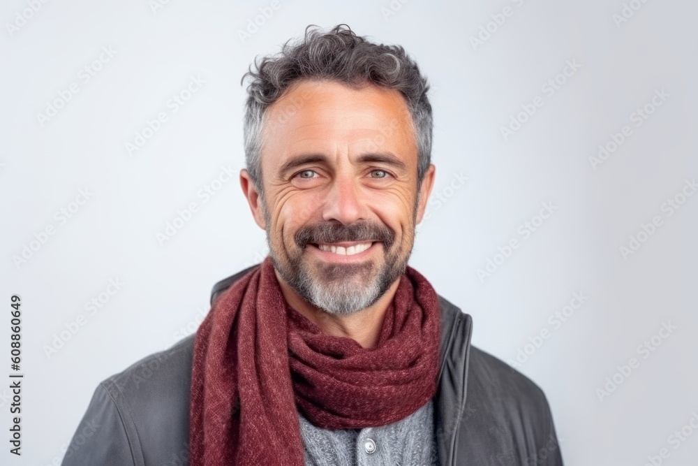 Portrait of handsome mature man wearing scarf and smiling at the camera while standing against grey background