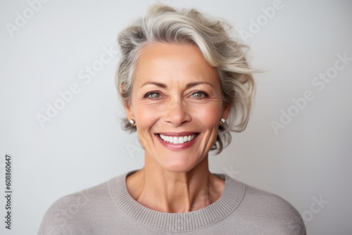 Close up portrait of a beautiful middle aged woman smiling against gray background