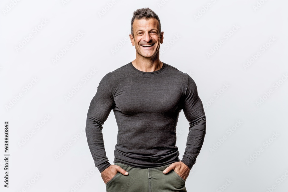 Handsome middle-aged man in a gray sweater on a white background Handsome middle-aged man in a gray sweater on a white background