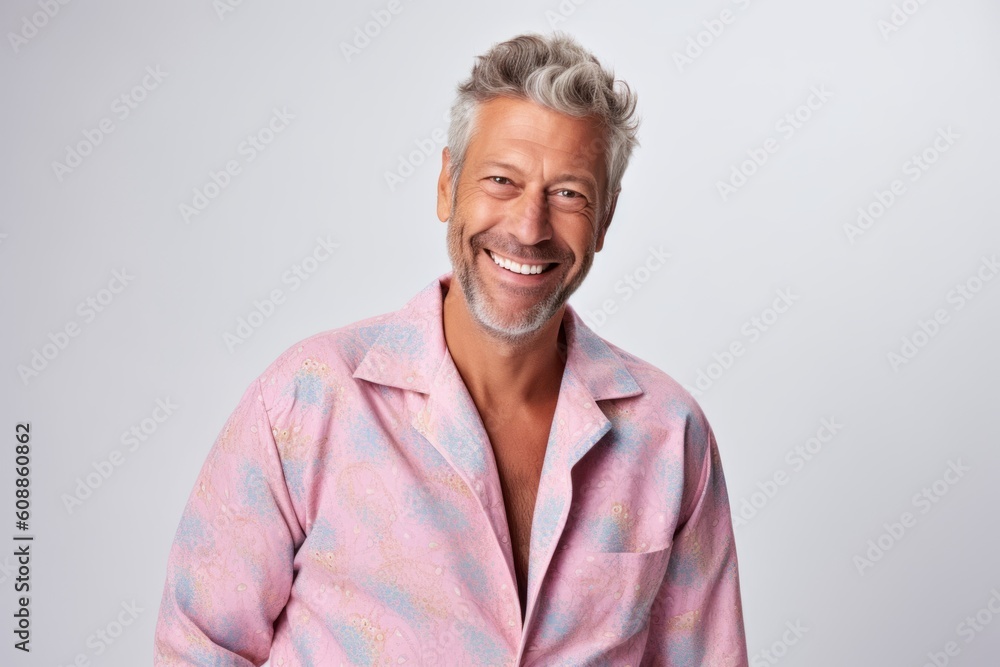 Portrait of happy mature man in pajamas looking at camera and smiling Portrait of happy mature man in pajamas looking at camera and smiling