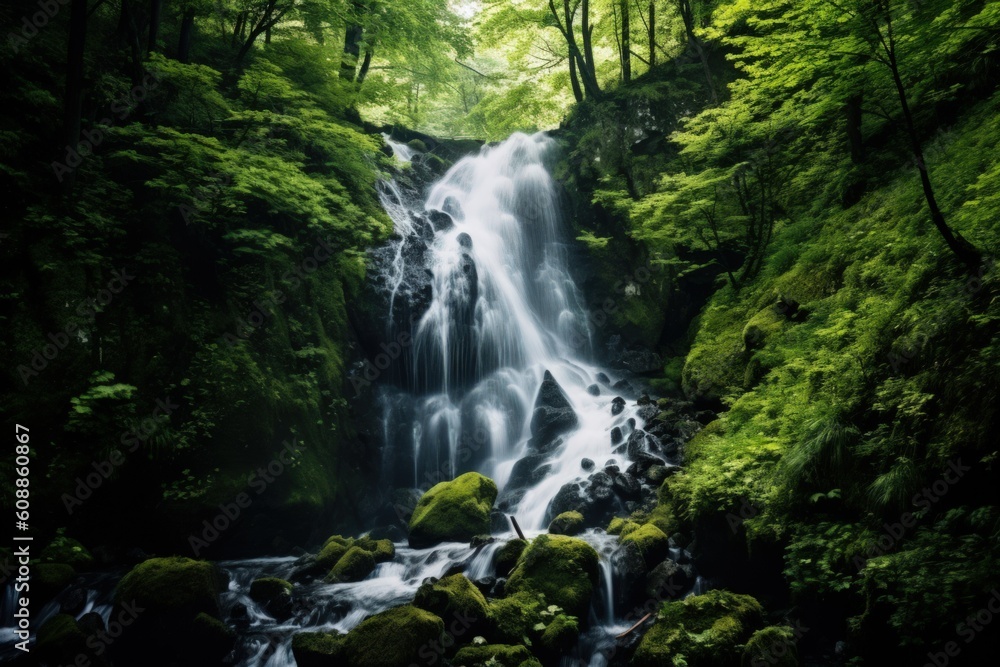Majestic Waterfall in the Forest - Generative AI