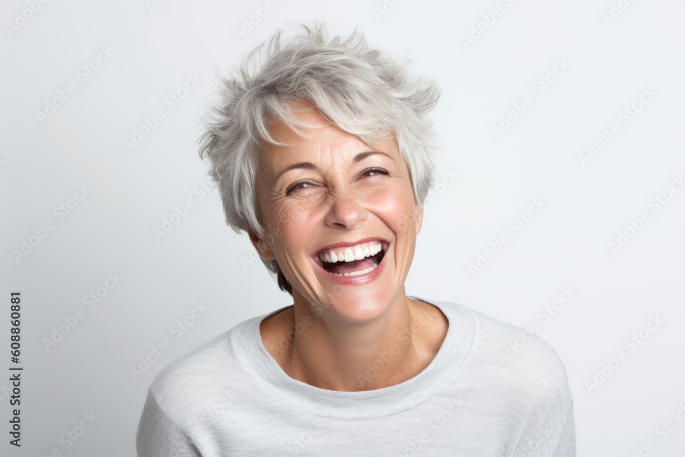 Portrait of a happy senior woman laughing on a white background. Portrait of a happy senior woman laughing on a white background.