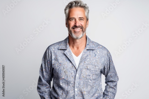Handsome middle aged man in pajamas on grey background