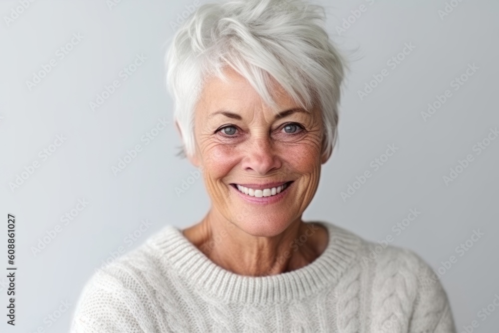 Close up portrait of smiling senior woman with grey hair, looking at camera and smiling while standing against grey background Close up portrait of smiling senior woman with grey hair, looking at camera and smiling while standing against grey background