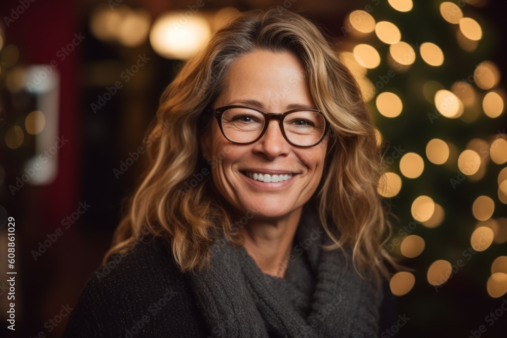 Portrait of smiling mature woman in eyeglasses against christmas lights Portrait of smiling mature woman in eyeglasses against christmas lights
