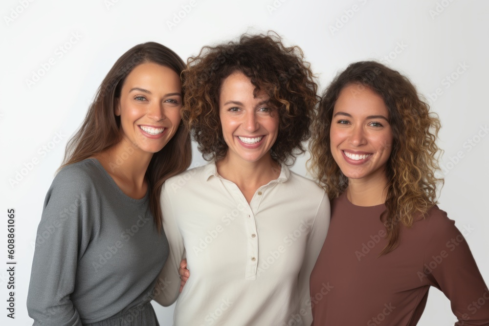 Group portrait photography of a grinning woman in her 30s that is placed against a white background . Generative AI Group portrait photography of a grinning woman in her 30s that is placed against a white background . Generative AI