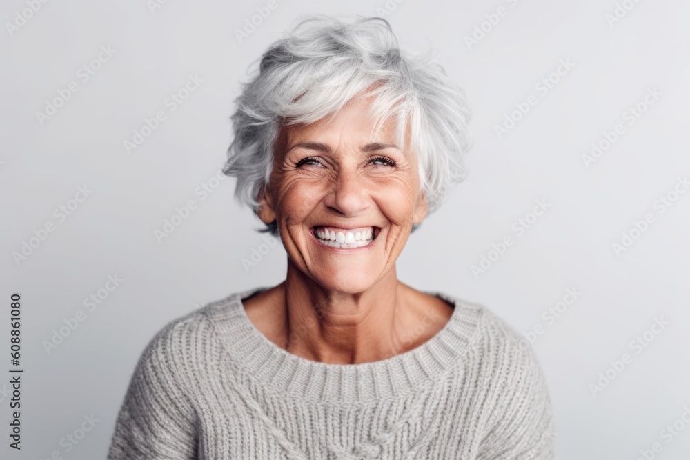 Portrait of smiling senior woman looking at camera isolated on grey background Portrait of smiling senior woman looking at camera isolated on grey background