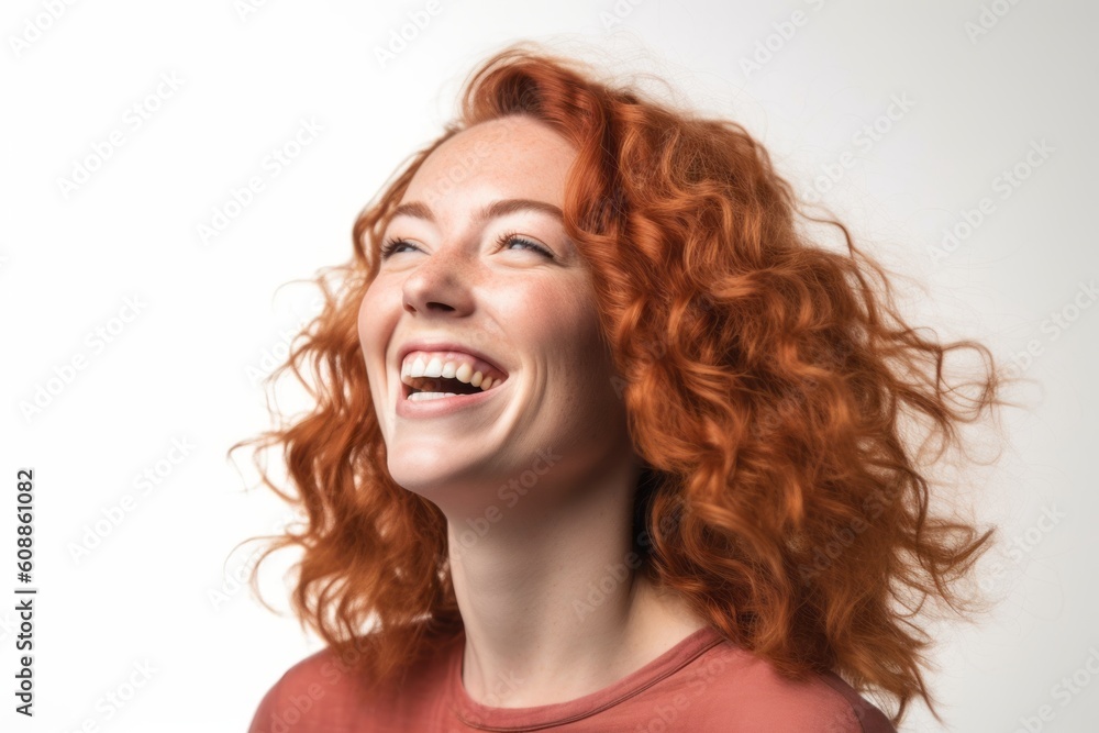 Portrait of a beautiful young woman with red curly hair on a white background Portrait of a beautiful young woman with red curly hair on a white background