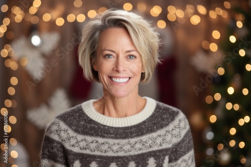 Portrait of beautiful middle-aged woman in sweater against Christmas lights
